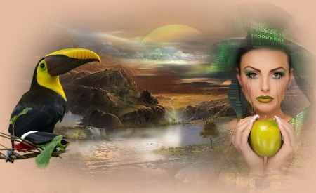 Nature Girl - woman, tukan, serene, girl, wallpaper, fantasy, lovely, face, art, girl and bird, beautiful, digital