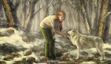 Hedgehogs in the Snow - hedgehogs, forest, friendship, wallpaper, digital, beautiful, girl and wolf, girl, art, wolf, fantasy