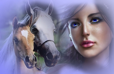 All the Pretty Horses - blue, beautiful, girl, lovely, fantasy, horses, digital, woman, face, art, wallpaper, blue eyes