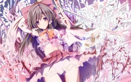 Flower miko - anime, anime girl, female, magic, skirt, beautiful, blush, beauty, brown hair, magical, flower, sweet, pink eyes, smile, cute, miko