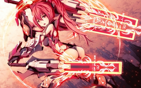 Okay!As you wish - sword, lights, beautiful, anime girl, fire, red eyes, ponytail, magic, city, weapon, magic circle, cool, beauty, awesome, anime, knight, red hair, warrior, swords, long hair, sexy, female