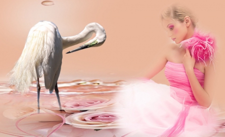 Pretty Pink Fantasy - wallpaper, digital, pink, bird, beautiful, girl, art, serene, fantasy, crane, lovely, woman