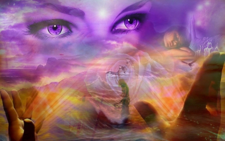 Watching Eyes - beautiful, girl, eyes, silhouettes, fantasy, purple, digital, woman, face, art, wallpaper