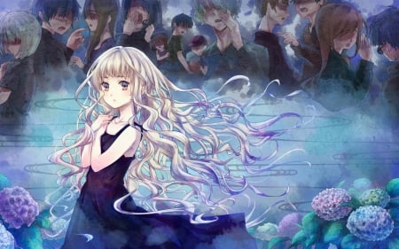 What's happening - beauty, female, good and bad, people, brown eyes, water, anime girl, prett, blond hair, pretty, river, anime, black dress, long hair, beautiful, sweet, flowers, dress