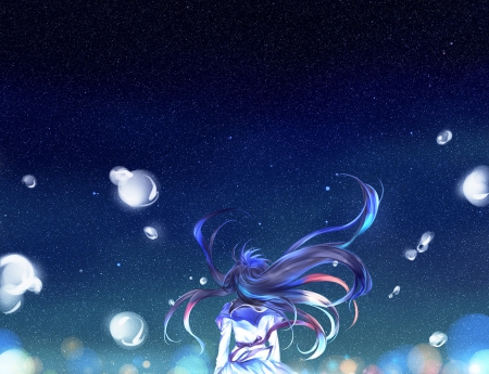 Akemi Homura - anime, anime girl, beautiful, azmodan, night, cool, long hair, awesome, Akemi Homura, puella magi madoka magica, blue hair, bubbles, stats, sky