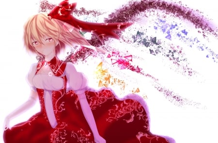 Remilia Scarlet - beauty, remilia scarlet, ribonn, wings, anime girl, vampire, red eyes, touhou, game, pretty, anime, cute, short hair, touhou project, magical, light, blond ahir, beautiful, smile, blush, dress, crystals