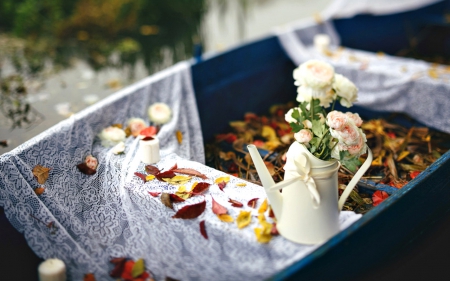 Autumn - boat, splendor, still life, leaves, flowers, fall, nature, autumn, autumn splendor, autumn leaves