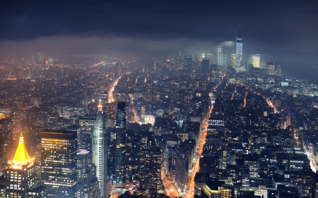 Gotham City - buildings, skyscrapers, flatiron district, nights, skyline, city lights, new york city, nighttime, architecture, splendor, city, skyscapers, lights