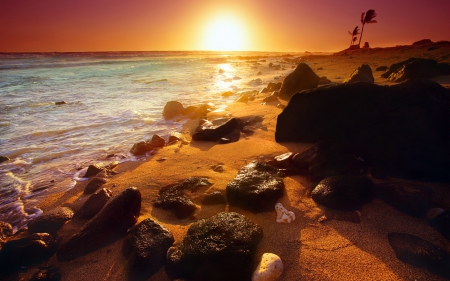 Glowing Beaches - Hawaii 3 - Ocean, Scenic, Sunset, Nature, World, Sunrise, Travel, Hawaii, Scenery, Beaches, Sun, Sky, Beach, Sea