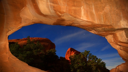 starry night through canyon arch in utah - rocks, canyon, arch, stars, night