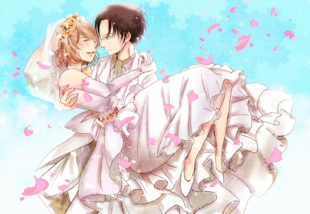 ~Tears of Joy~ - love, wedding, tears, couple, bride, wedding dress, shingeki no kyojin, groom, petals, anime, romance