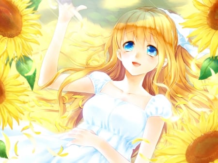 ~Kamio Misuzu~ - pretty, sunflowers, anime, ponytail, summer, air, Kamio Misuzu, dress, blonde, petals, long hair, ribbons, blue eyes