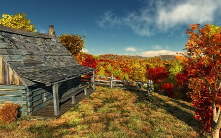 Mountain cabin - nice, cottage, sky, valley, autumn, trees, foliage, mountainscape, fall, view, clouds, house, grass, fence, mountain, falling, wooden, lovely, nature, beautiful, leaves, cabin, colors