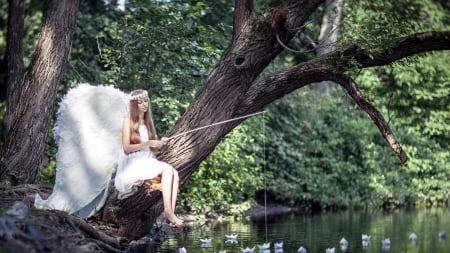 * Catching a dream * - dreamer, trees, water, boat, girl, angel, forest, dream, nature, lake