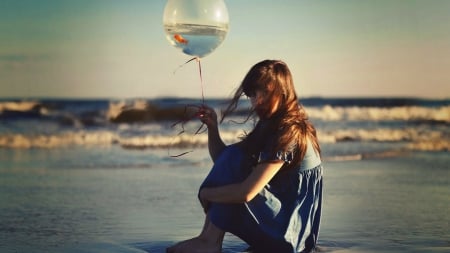 * Golden fish * - dreamer, water, balloon, girl, sea, fish, sky, dreams