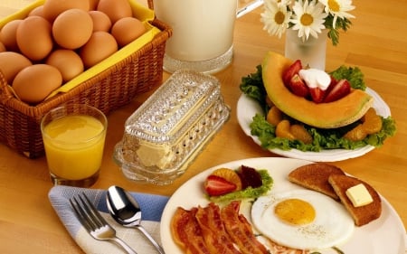 Breakfast - eggs, photography, juice, breakfast, bacon, food, tost, fruits