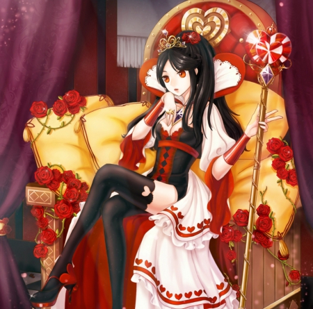 Heart Queen - roses, heart, female, maiden, princess, brown eyes, gown, sparkle, royalty, laddy, hot, beauty, gold, love, flower, chair, throne, floral, sexy, empress, wand, anime, tiara, yellow, elegant, dress, long hair, rod, gorgeous, red, sparks, anime girl, queen, beautiful, staff, gem, girl, lovely, jewel, sweet, ruby, glow, black hair, rose