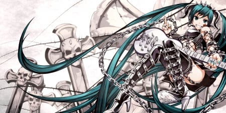 Anime - guitar, skulls, chains, miku, cross, Anime