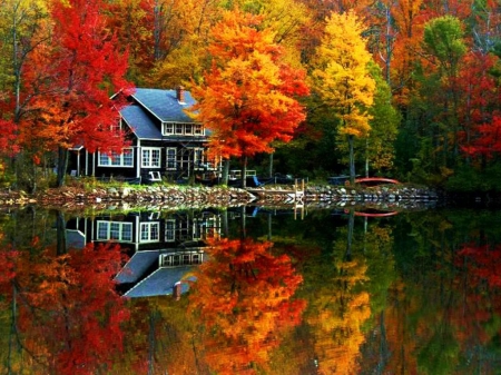 Cottage at Lake - autumn, fall, trees, reflection, water, leaves, colors