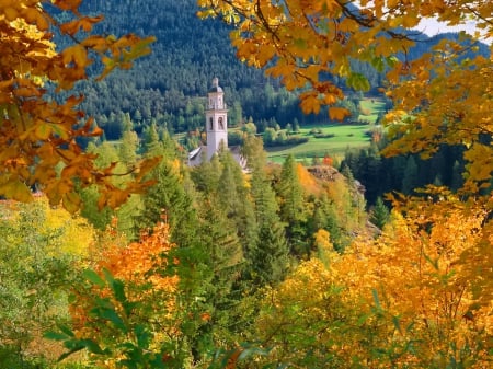 Autumn church - falling, fall, foliage, beautiful, hills, leaves, church, branches, nice, view, lovely, trees, nature, mountain, colorful