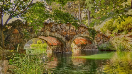 beautiful stone bridge - forest, river, arches, stones, bridge