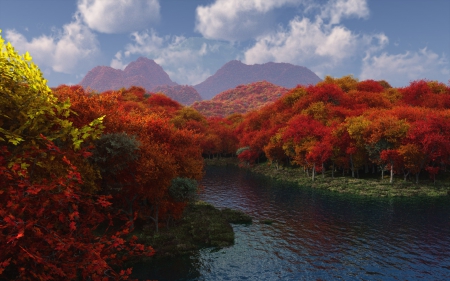 Autumn At The Lake - lake, fall, mountains, water, clouds, autumn