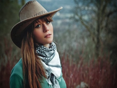 Cowgirl - style, girls, women, beautiful, models, hats, hot, cowgirls, grass, fantasy, rodeo, fun, nature, fashion, country, art, female, trees