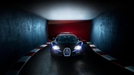 bugatti veyron in a tunnel - tunnel, blacktop, car, lights