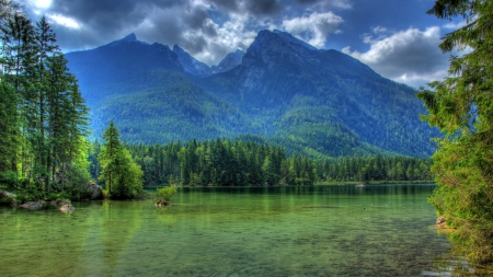 beautiful mountains above a green river hdr - forest, clouds, river, green, shallow, mountains, hdr