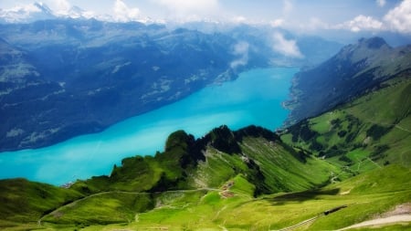 magnificent view of a lake from swiss alps - clouds, railroad, view, lake, mountains