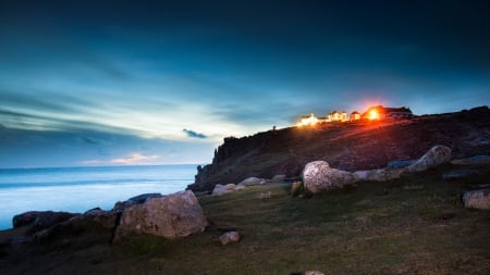 lovely hotel cornwell in canada at dusk - cliff, hotel, dusk, lights, coast, sea