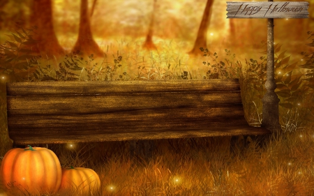 Happy Halloween - autumn, trees, sign, bench, jack o lanterns, halloween, happy halloween, pumpkins, fall