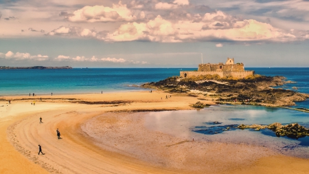 fortress on beautiful st. malo beach in france - clouds, people, beach, fortress, sea