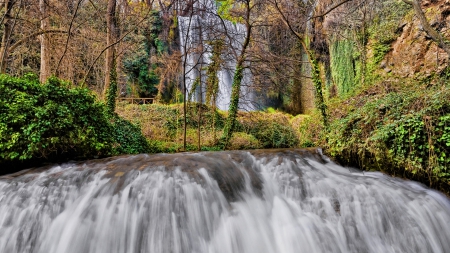 waterfall in monasterio de piedra zaragoza spain - leaves, waterfalls, forest, cliff