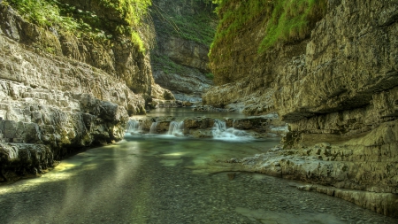 river through abersee gorge in austria - river, gorge, rocks, falls