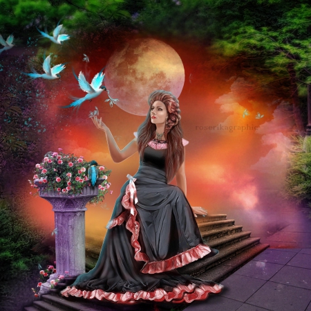 Fantasy - women, photomanipulation, girls, trees, fantasy, model, creative pre-made, digital art, softness beauty, moonlight, birds, moon, girl, magical, beautiful girls, gardens, plants, flying, lesoiseauxduclairdelune, backgrounds, flowers, colors