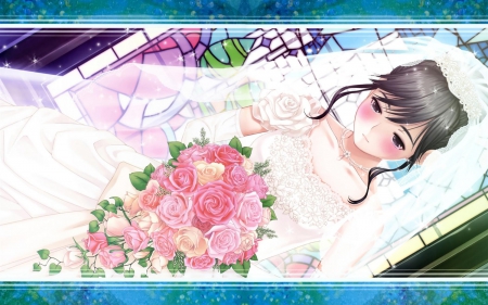 ~Blushing Bride~ - blush, wedding, wedding dress, beautiful, flowers, veil, bouquet, anime, bride, roses, black hair