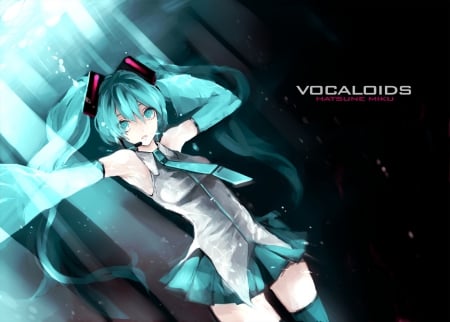 Vocaloids: Hatsune Miku - hatsune miku, skirt, blue eyes, thighhighs, long hair, ponytails, blue hair, vocaloid, headphones, tie, anime