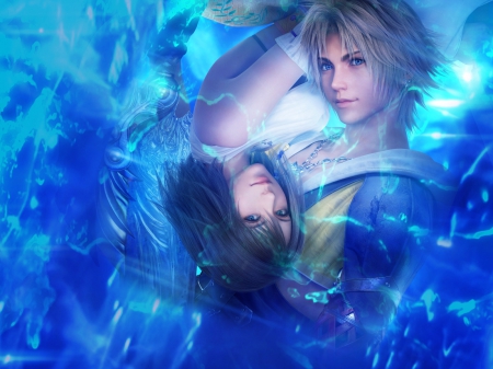 ~Tidus & Yuna~ - love, couple, yuna, hero, blue eyes, video game, guardian, heroine, summoner, square enix, romance, final fantasy 10, short hair, tidus