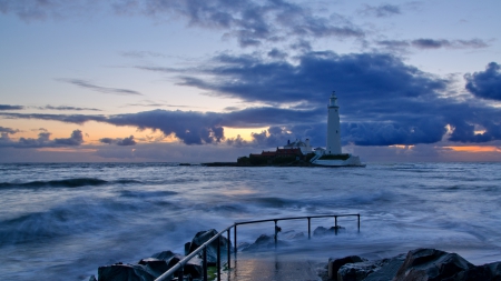 st. mary's lighthouse in whitley bay england - morning, lighthouse, clouds, island, shore, sea