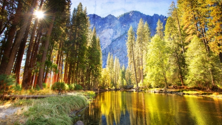 superb painted valley in yosemite hdr - river, sun rays, hdr, forest, mountains, valley