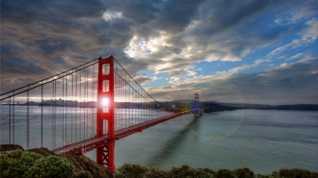 amazing sun rays through golden gate bridge - clouds, sun rays, bay, bridge