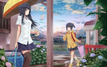 rainy days - girls, pretty, beautiful, anime, place, skyland