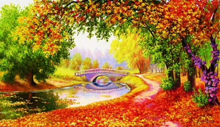 Autumn River - fall, trees, artwork, leaves, colors, bridge