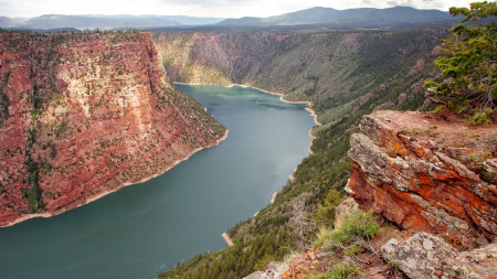 FLAMING GORGE - hills, trees, utah, river, water, rocks