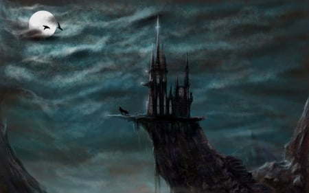 Full moon - moon, bat, blue, dark, black, fantasy, halloween, full, castle, sky