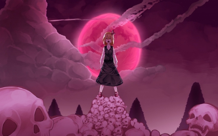 Touhou - skull, moon, girl, night, black, ull, halloween, touhou, dark, pink, anime, manga