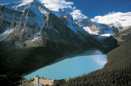 LAKE LOUISE - alberta, building, water, hotel, mountains, tourism, forest, snow, glacier lake, canada