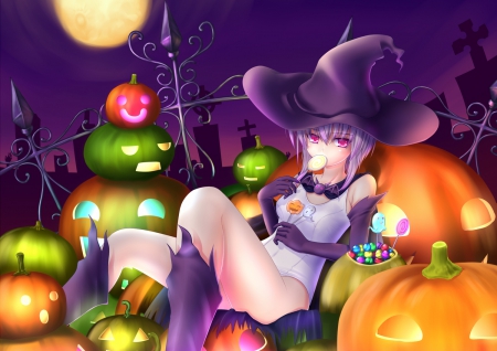 Halloween - hat, moon, anime, girl, pumpkin, orange, witch, manga, purple, green, halloween, full