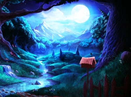 Fantasy  - moon, water, blue, wood, forest, pink, mountain, tree, river, fantasy, green, halloween, full, cottage